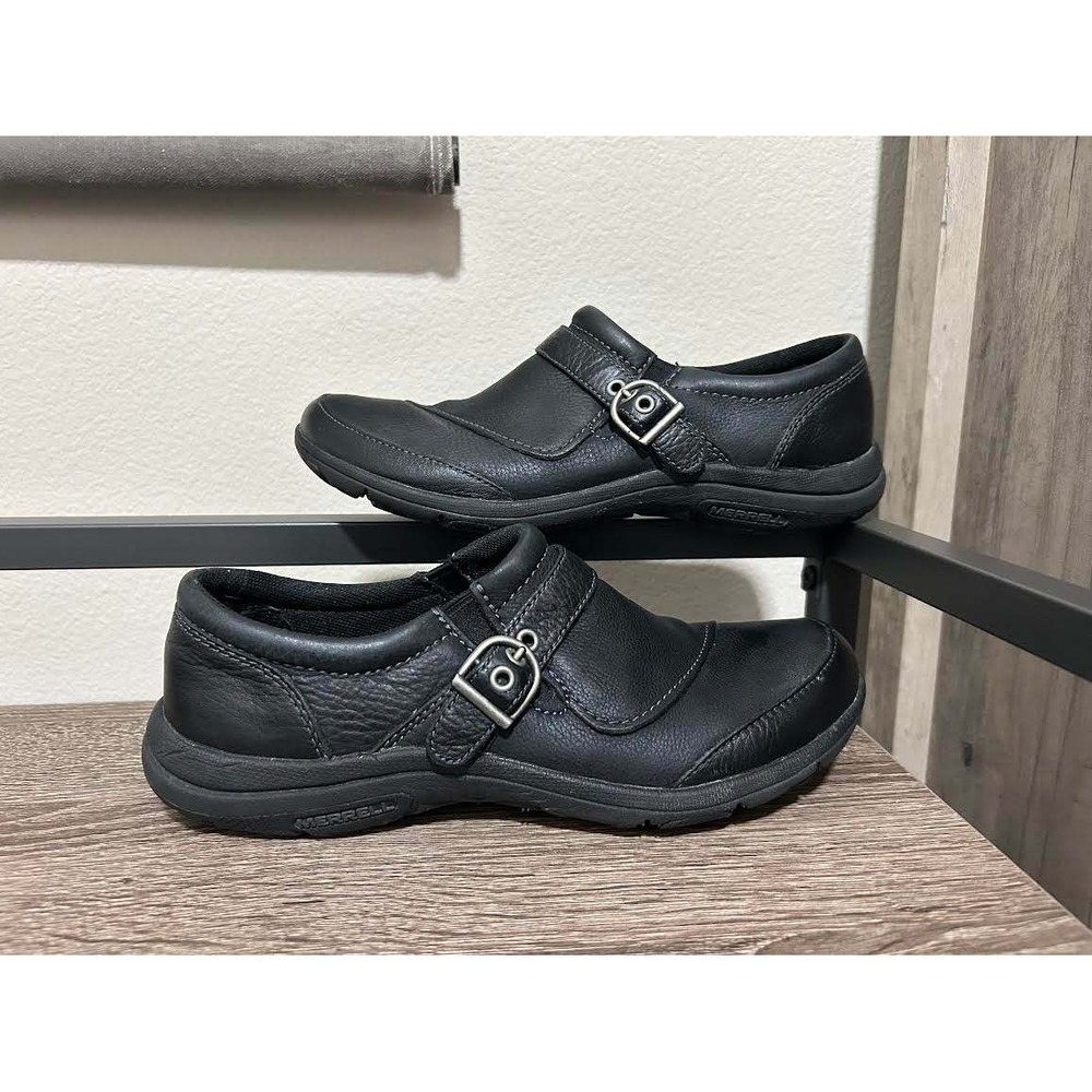 Merrell Encore Black Leather Buckle Slip On Loafers Shoes J69078 Womens 7